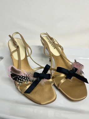 Prada 2003 vintage Y2K Gold Slingback Sandals with Feather & Bow Accent
